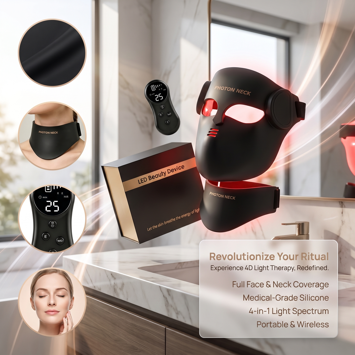 4D LED Photon Facial Beauty Mask Face & Neck Care Device Rechargeable Home Skincare Mask for Daily Moisturizing and Skin Radiance Care