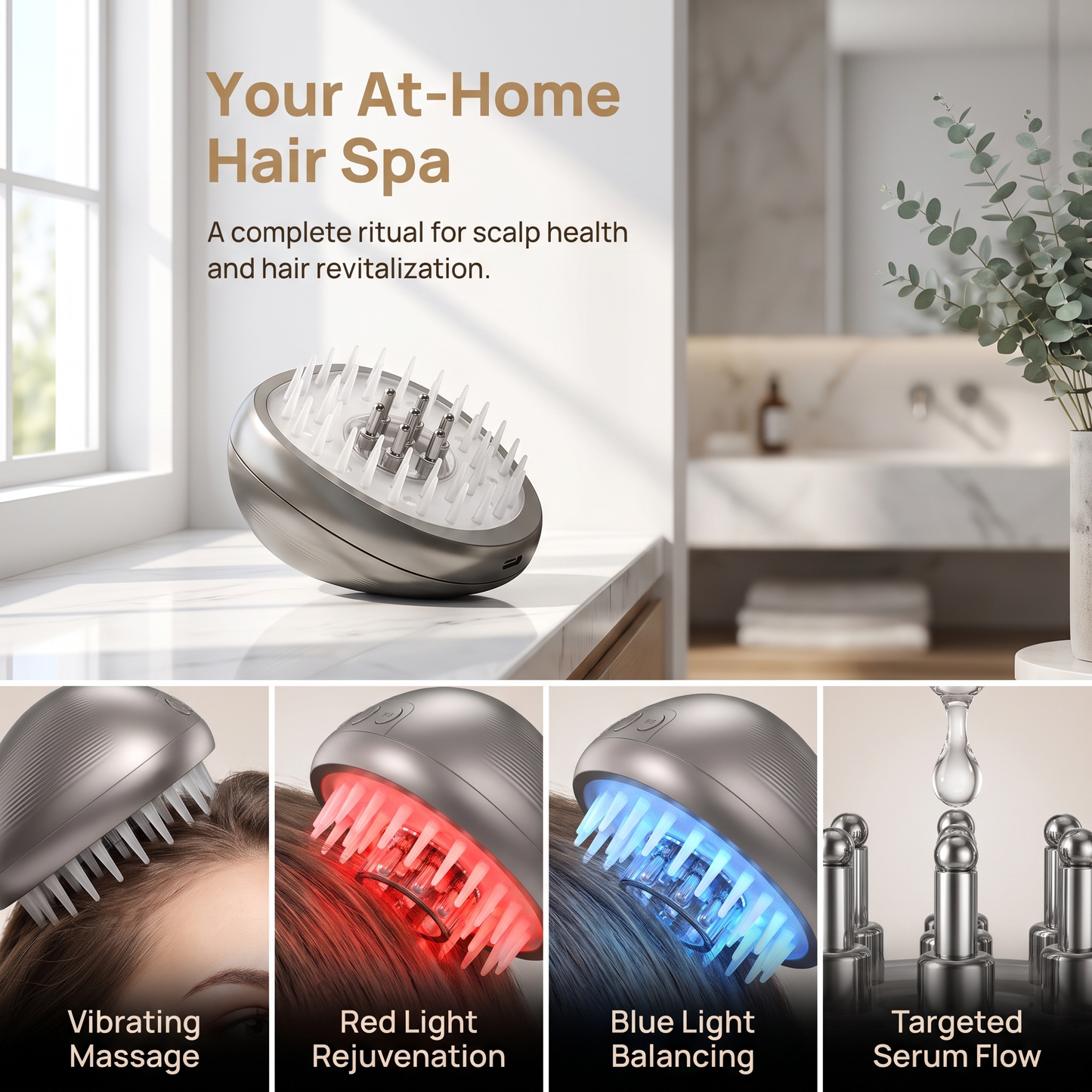 Red & Blue Light Hair Growth Comb – 3-in-1 Scalp Massager with Vibration Therapy, Serum Applicator & LED Phototherapy for Hair Regrowth, Oil Control & Scalp Health – USB Rechargeable, Portable Home Use for Men & Women