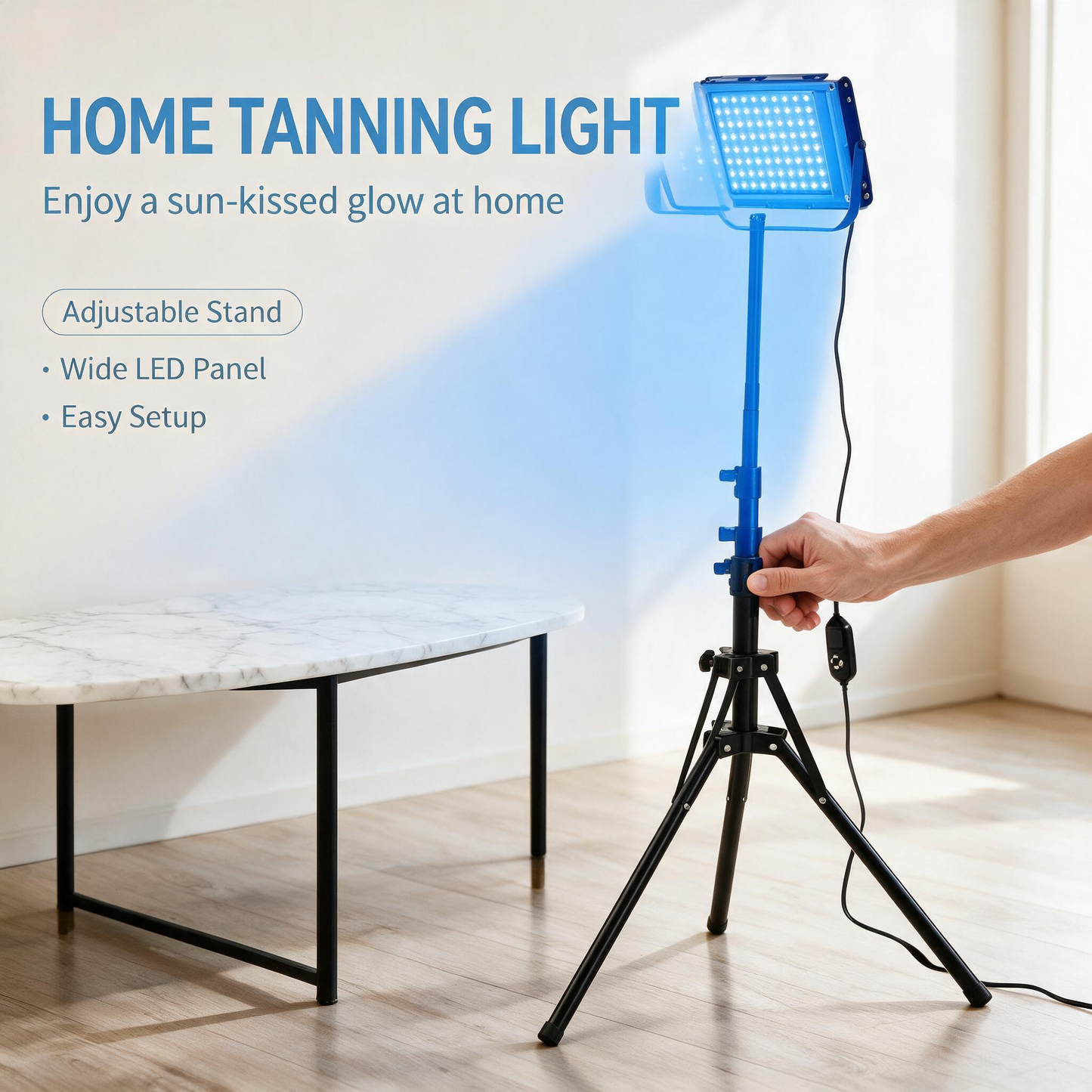 LED Blue‑Light Tanning Lamp With Tripod, Full‑Body Sunless Tanner, Home Skin‑Care Light Therapy Device with Timer & Dimmable Control
