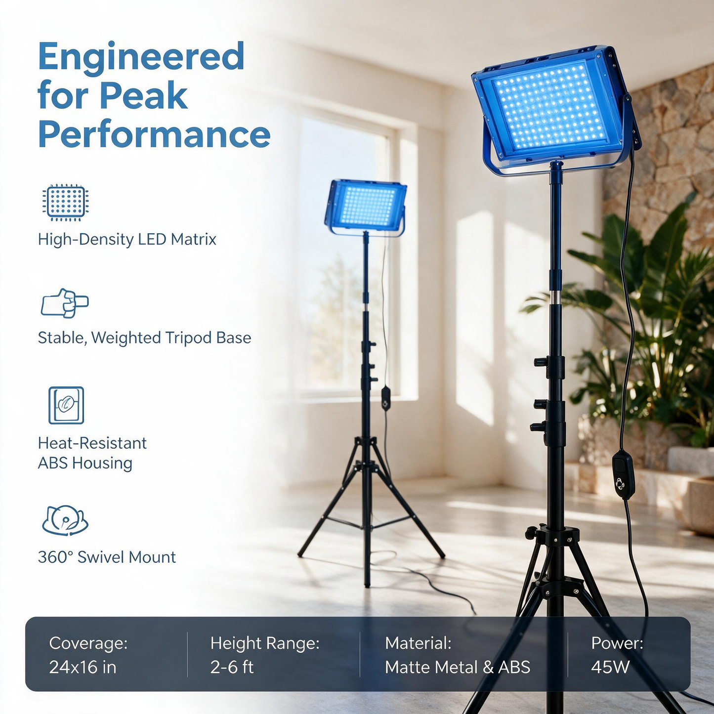 LED Blue‑Light Tanning Lamp With Tripod, Full‑Body Sunless Tanner, Home Skin‑Care Light Therapy Device with Timer & Dimmable Control