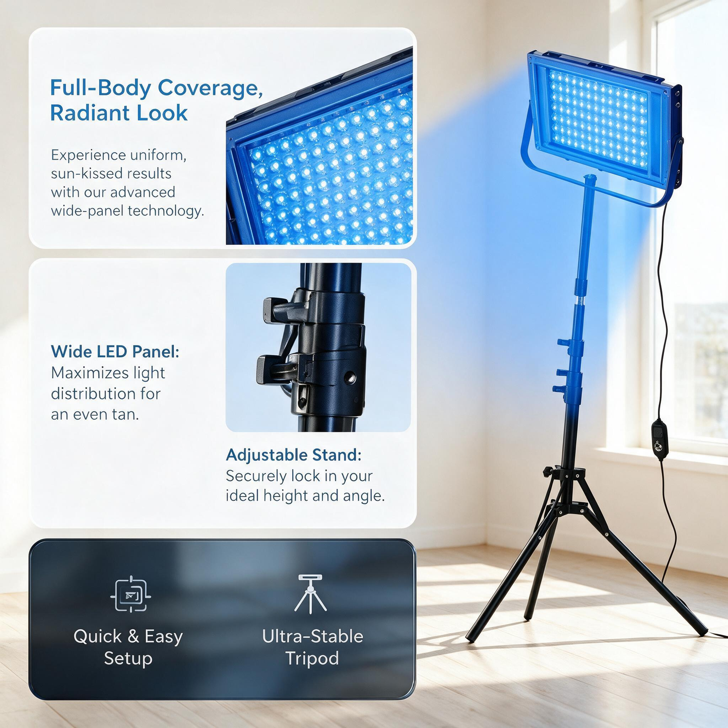 LED Blue‑Light Tanning Lamp With Tripod, Full‑Body Sunless Tanner, Home Skin‑Care Light Therapy Device with Timer & Dimmable Control