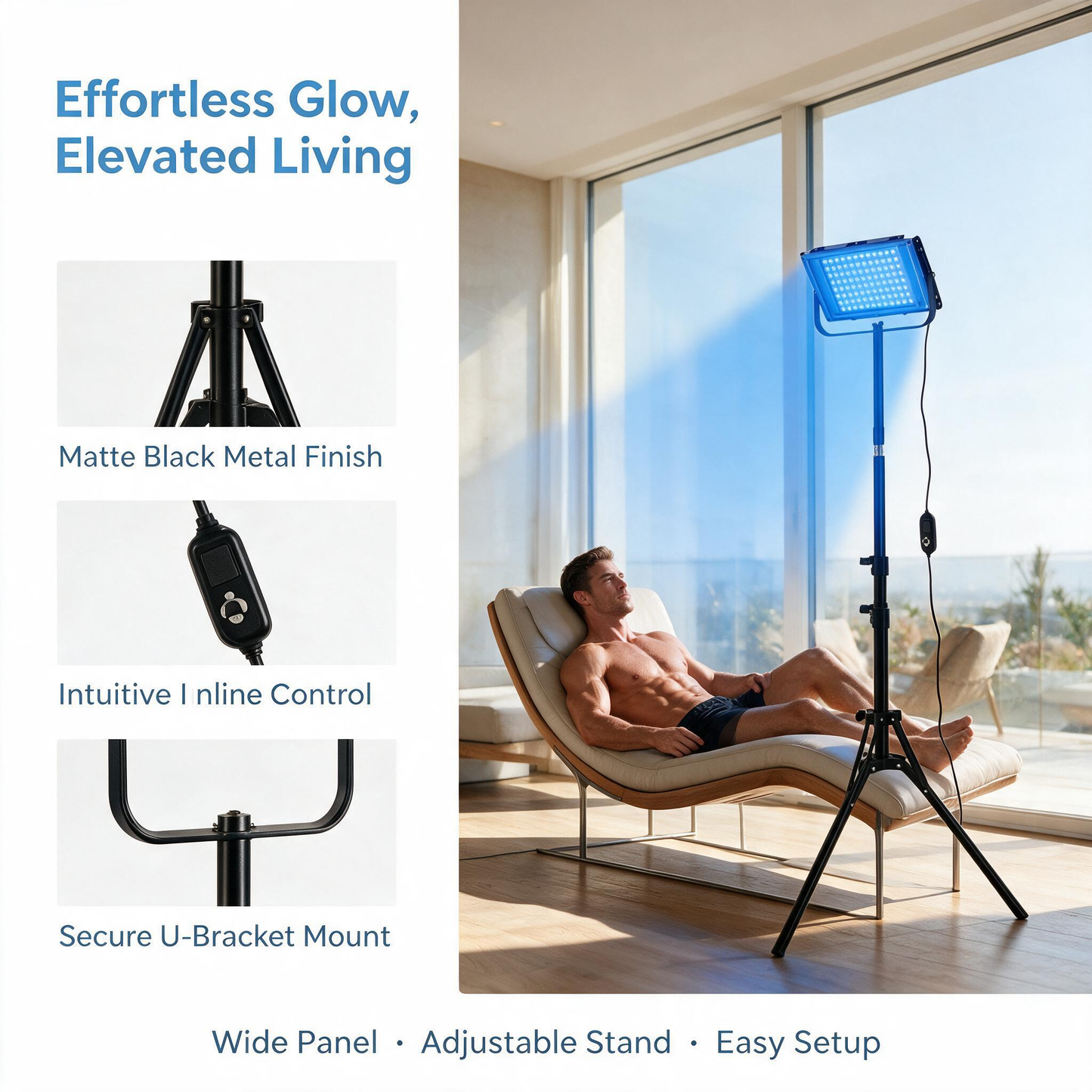 LED Blue‑Light Tanning Lamp With Tripod, Full‑Body Sunless Tanner, Home Skin‑Care Light Therapy Device with Timer & Dimmable Control